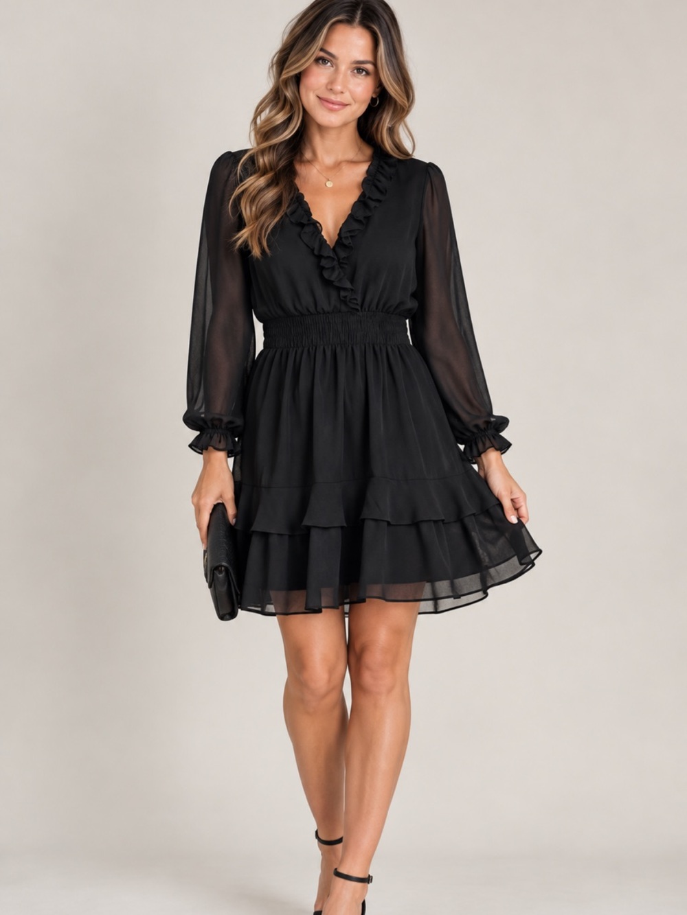 Emma & Michele Black Ruffle Tiered Long Sleeve Dress Size Large